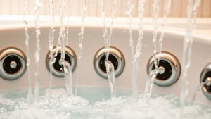 Close-up of jetted tub jets with water spraying during operation, showing multiple nozzles with clear water streams, chrome or stainless steel finish visible, bathroom lighting illuminating the jets