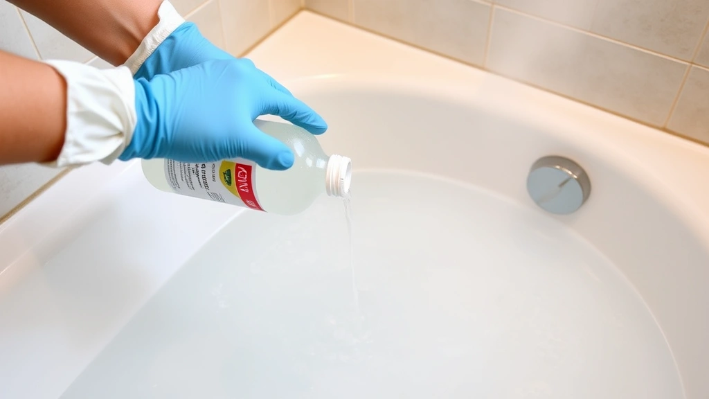 Hands wearing protective rubber gloves pouring white vinegar into a filled bathtub, bottle label partially visible, steam rising from hot water, modern bathroom setting with tile surround