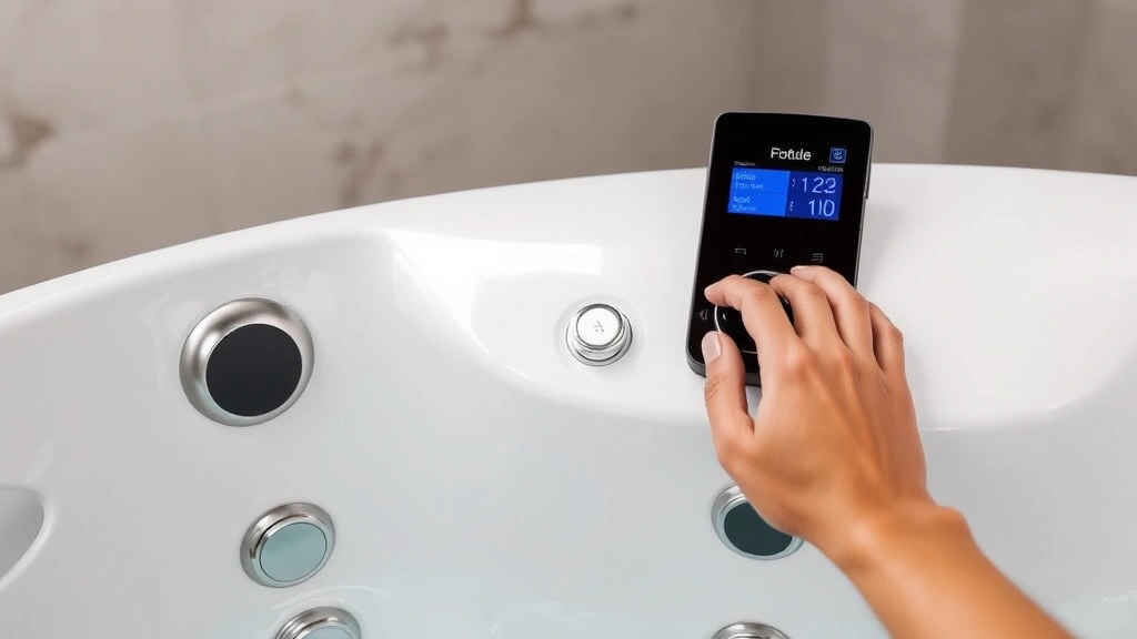 Professional view of jetted tub control panel with buttons and settings, person's hand adjusting jet intensity dial, digital display showing water temperature and cycle options, modern spa-style bathroom