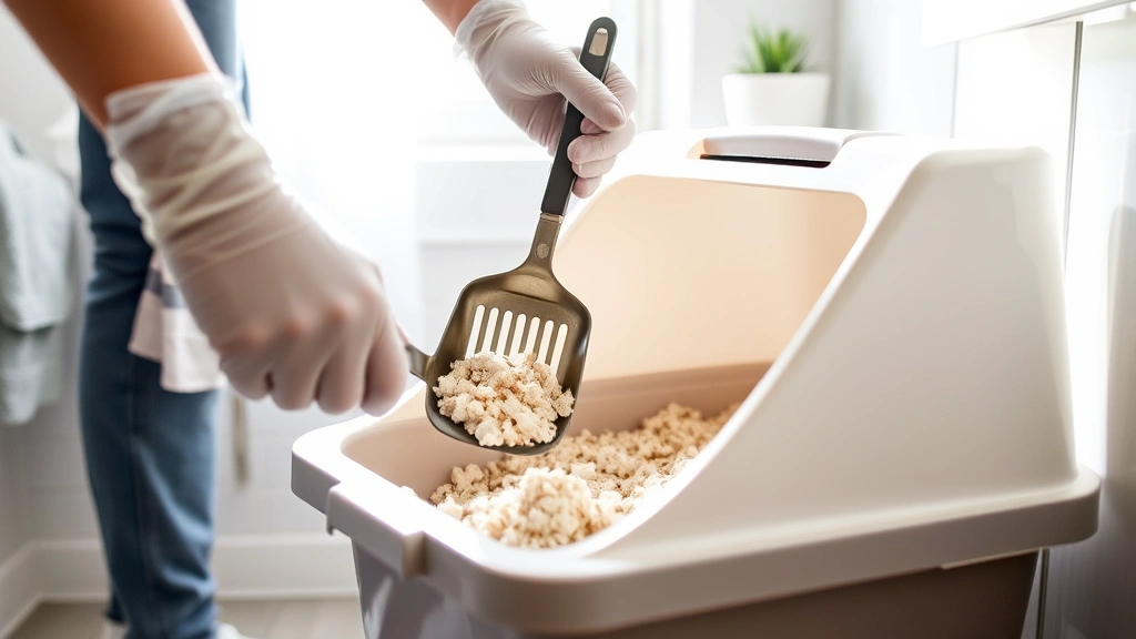 Person wearing latex gloves scooping clumped litter from plastic litter box using metal slotted scoop, morning light from window, residential bathroom setting