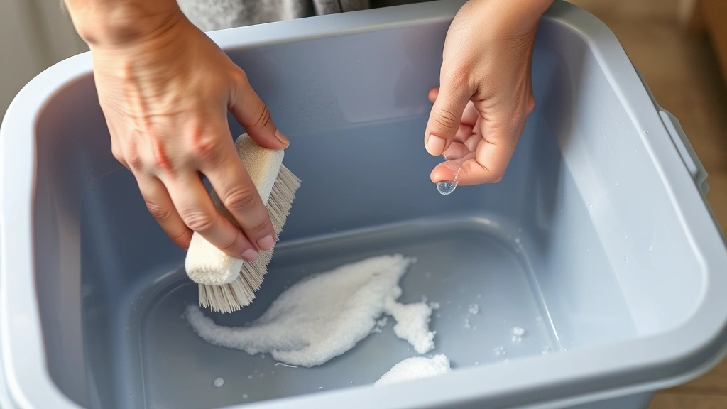 Hands scrubbing interior of empty plastic litter box with soft-bristled brush and hot water, using unscented dish soap, close-up view of cleaning process