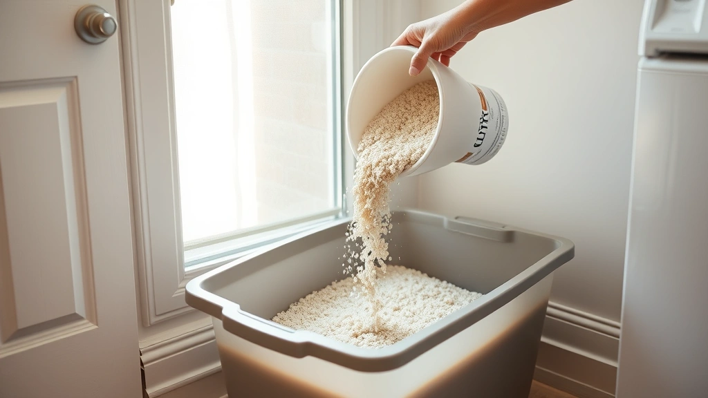 Pouring fresh granulated clumping litter into clean plastic litter box in well-ventilated laundry room, approximately 2-3 inches depth, natural daylight