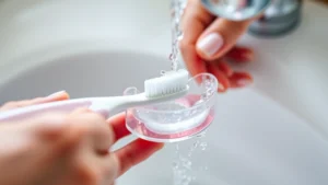 Close-up of soft-bristled toothbrush gently brushing a clear sports mouthguard under cool running water in a bathroom sink, showing water droplets and proper cleaning technique with hands