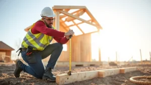 Professional contractor measuring and marking wooden shed foundation layout on level ground with string lines and measuring tape, morning sunlight, construction site