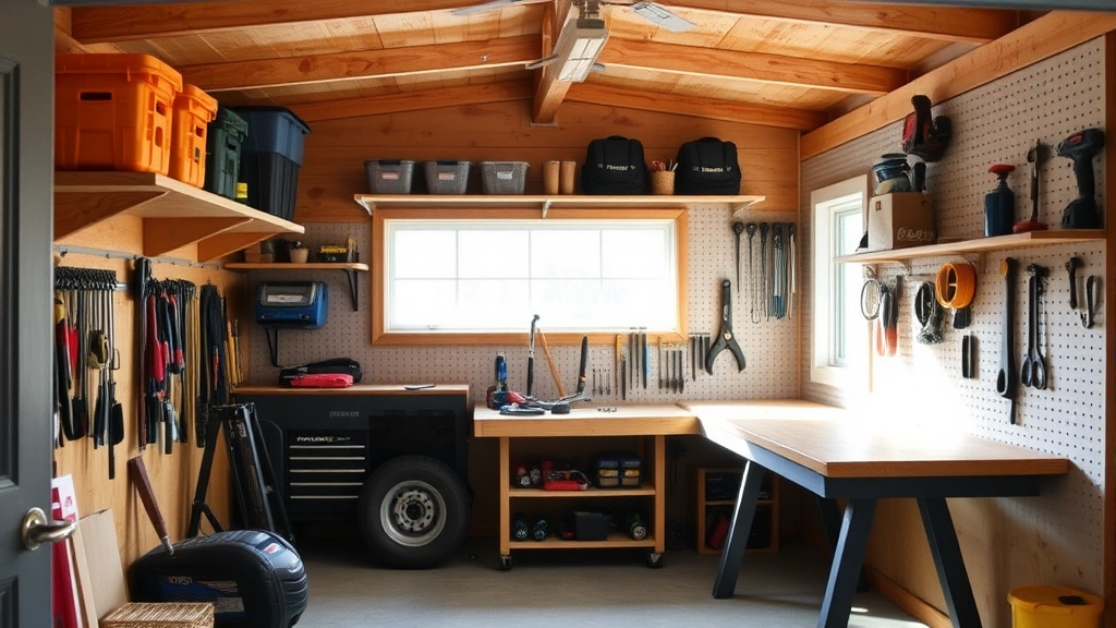 Interior view of organized shed storage with wall-mounted shelving units, pegboard tool organization system, and workbench arrangement, natural light through window