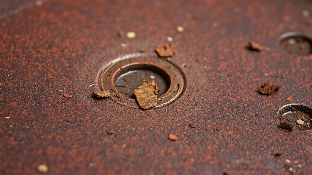 Close-up of rusty cast iron skillet surface showing red-brown oxidation and flaking rust with textured metal visible underneath, natural daylight, macro photography style, no text or labels