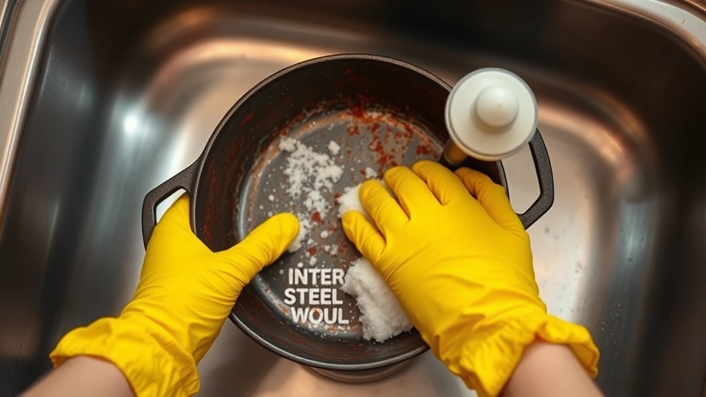 Hands wearing yellow gloves scrubbing rusty cast iron pan with fine steel wool and white vinegar in a stainless steel sink, warm indoor lighting, showing rust flaking away, action shot