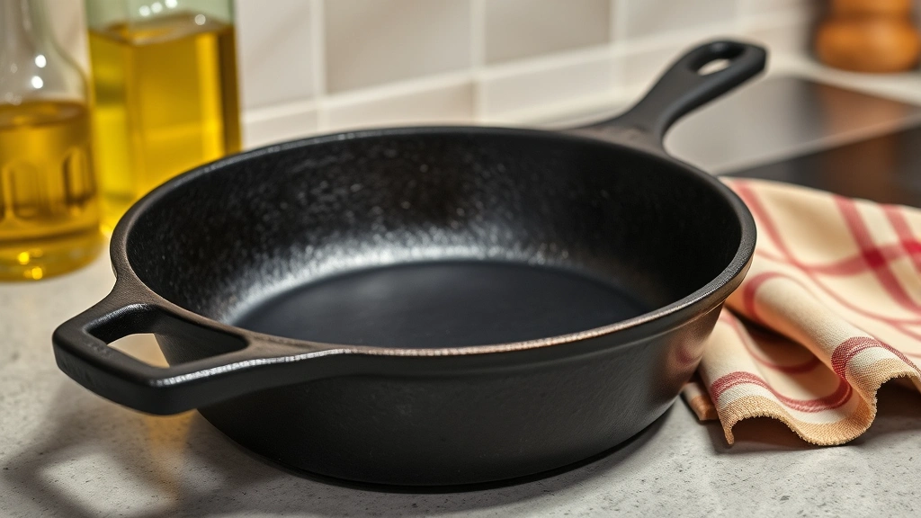 Seasoned cast iron skillet with glossy dark patina finish sitting on kitchen counter next to bottle of cooking oil and cloth, professional kitchen lighting, well-maintained appearance