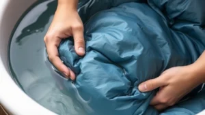 Close-up view of a down-filled sleeping bag being gently submerged in cool water during hand washing, showing hands carefully supporting the delicate fabric without wringing or twisting
