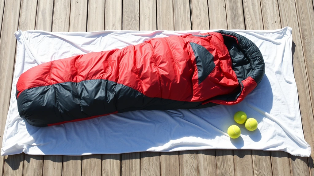Sleeping bag laid flat on white towels in sunlight for air drying, with tennis balls nearby for restoration of loft, showing proper horizontal drying position to prevent damage
