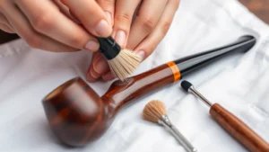 Close-up of hands using pipe cleaners and brushes on a wooden tobacco pipe over a clean white cloth, showing proper cleaning technique with tools laid out nearby