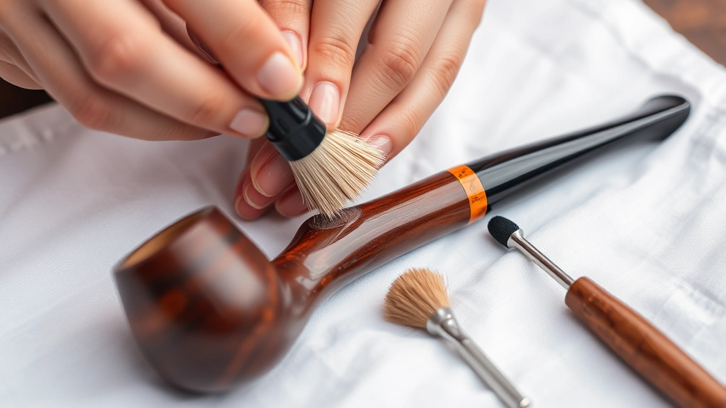 Close-up of hands using pipe cleaners and brushes on a wooden tobacco pipe over a clean white cloth, showing proper cleaning technique with tools laid out nearby