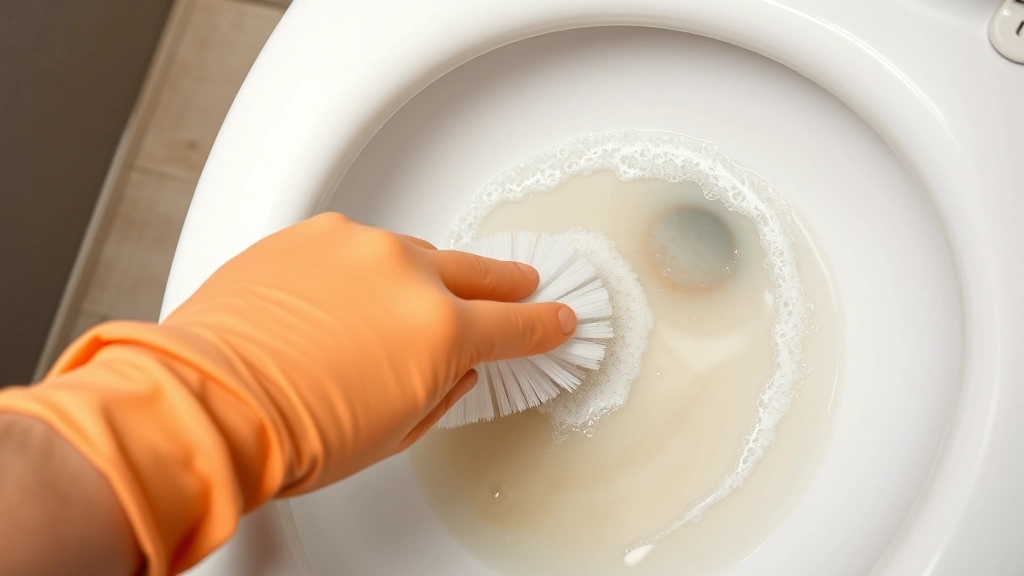 Gloved hand using soft-bristled toilet brush scrubbing stained porcelain bowl with vigorous circular motions, cleaning solution foam visible around waterline area