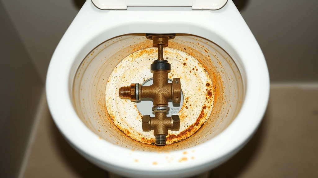 Cross-section view of toilet tank and bowl assembly showing internal rust accumulation and mineral deposits on metal components and fill valve mechanism