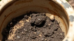 Close-up of weathered ceramic garden bowl with dried soil and mineral deposits on interior surface, natural lighting showing texture detail