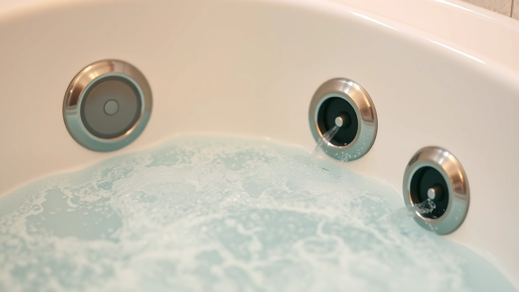 Close-up view of whirlpool tub jets with water flowing, showing clean nozzles and surrounding tub surface, professional bathroom setting