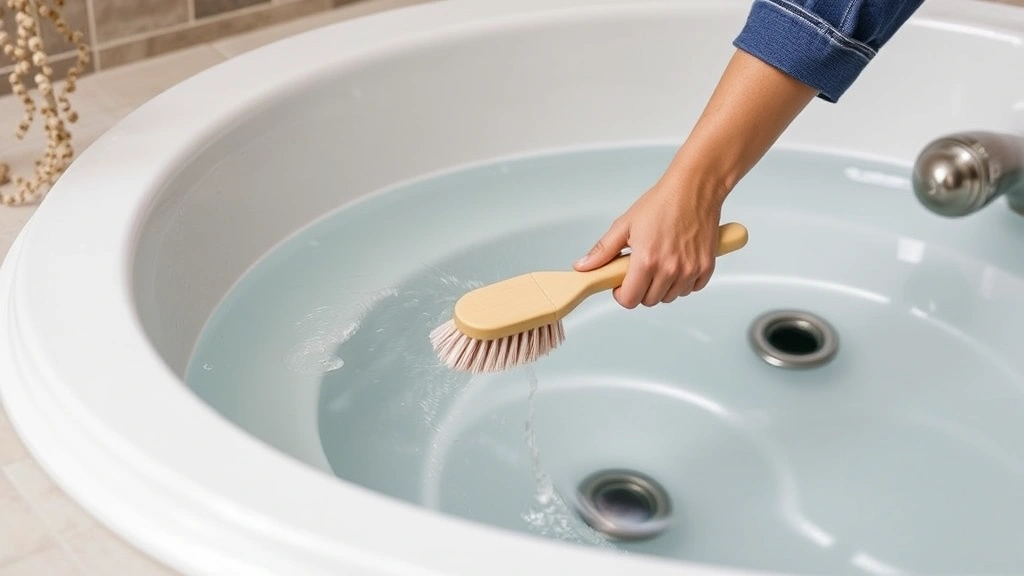 Person using soft brush to clean whirlpool tub rim and external surfaces, demonstrating gentle cleaning technique with non-abrasive tools