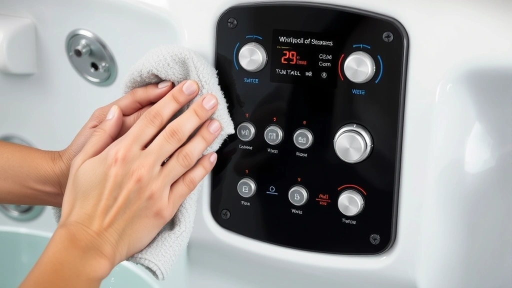 Hands holding cleaning cloth near whirlpool tub control panel and buttons, showing proper maintenance of electronic components without water damage