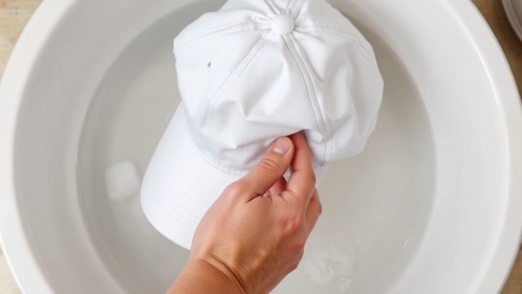 Person gently hand-washing a white baseball cap in a clear basin of soapy water, showing proper technique with soft brush bristles touching the sweatband area