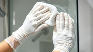 Close-up of hands wearing white cotton gloves gently wiping an acrylic shower enclosure with a soft microfiber cloth, showing proper cleaning technique with circular motions, bright bathroom lighting