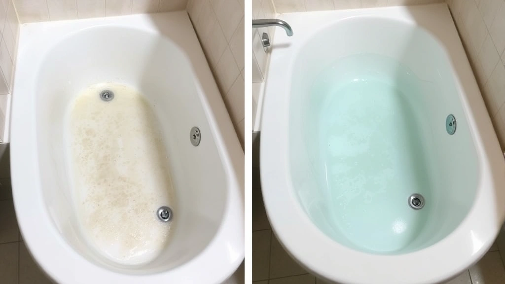 Before and after comparison of acrylic bathtub: left side shows dull cloudy surface with mineral deposits and soap scum buildup, right side shows crystal clear glossy acrylic after professional cleaning treatment