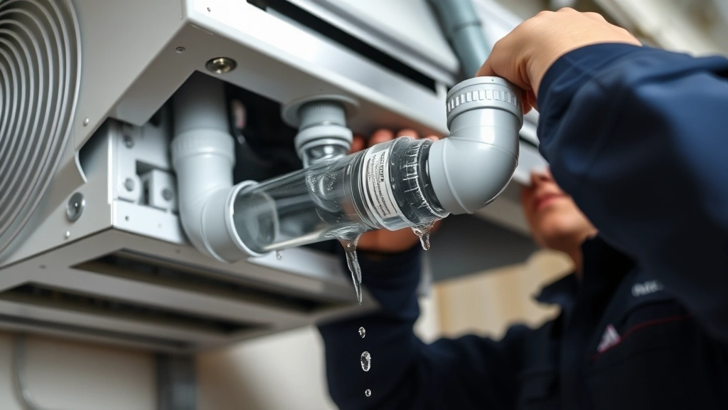 Professional HVAC technician accessing AC unit condensate drain line from indoor air handler showing clear PVC pipe connection point with water droplets visible