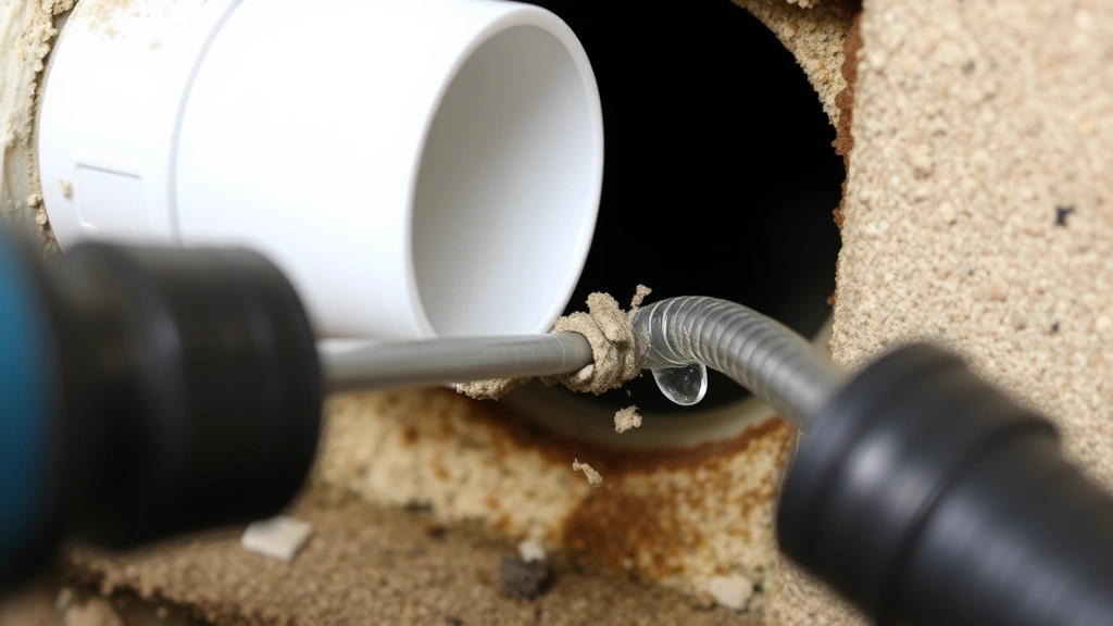Close-up view of AC condensate drain line being cleared with flexible plumbing snake tool, showing debris removal from white PVC pipe