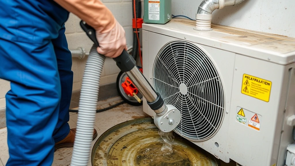 Technician using specialized vacuum equipment to remove water and sediment from AC drainage system, capturing suction process on indoor unit