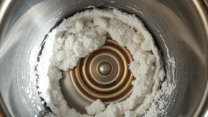 Close-up overhead view of white mineral deposits and limescale buildup inside a stainless steel electric kettle heating chamber, showing crusty crystalline formation on the interior walls and heating element, natural lighting, realistic texture detail