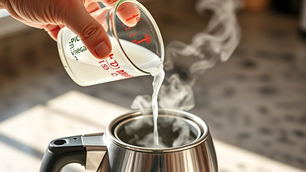 Hands pouring white vinegar solution from a clear glass measuring cup into an open electric kettle spout, steam rising, kitchen counter background, bright natural daylight, action shot showing the descaling process