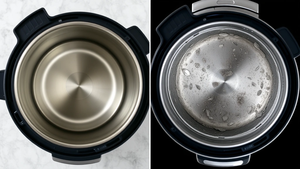 Split-screen comparison showing a clean empty kettle interior on one side and the same kettle with heavy mineral deposits on the other side, professional product photography style, clear differentiation between clean and dirty states