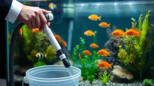 Professional aquarium gravel vacuum being used in planted freshwater tank with colorful fish, hands holding siphon tube above substrate, water visible in bucket