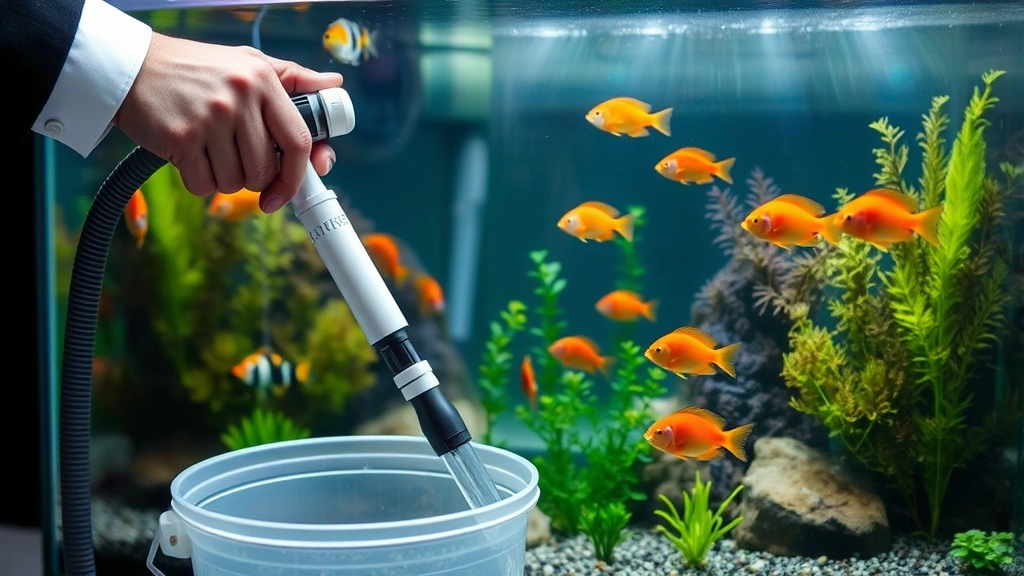 Professional aquarium gravel vacuum being used in planted freshwater tank with colorful fish, hands holding siphon tube above substrate, water visible in bucket