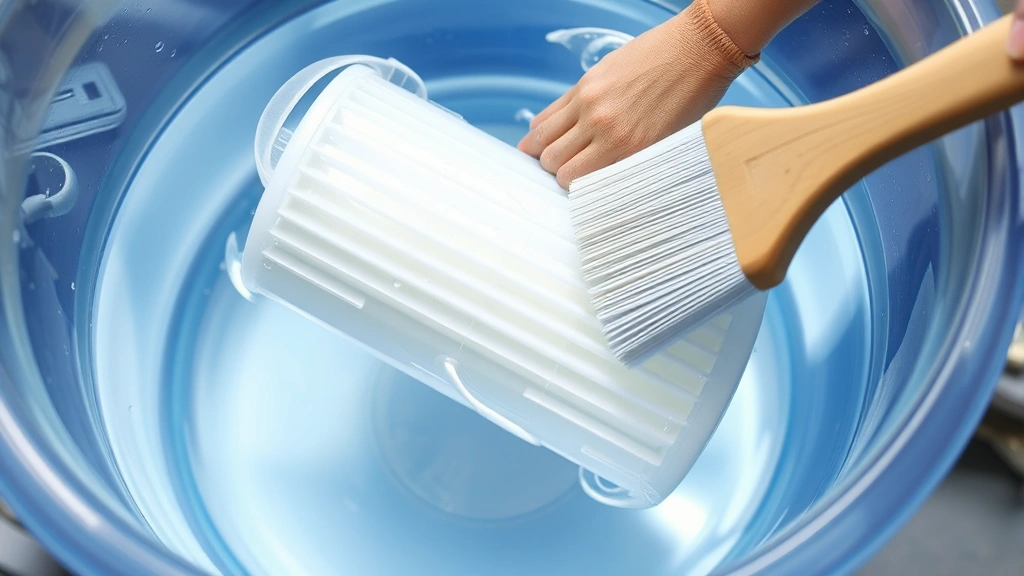 Aquarium filter cartridge being rinsed in clear water bucket with soft brush, showing proper maintenance technique without harsh cleaning