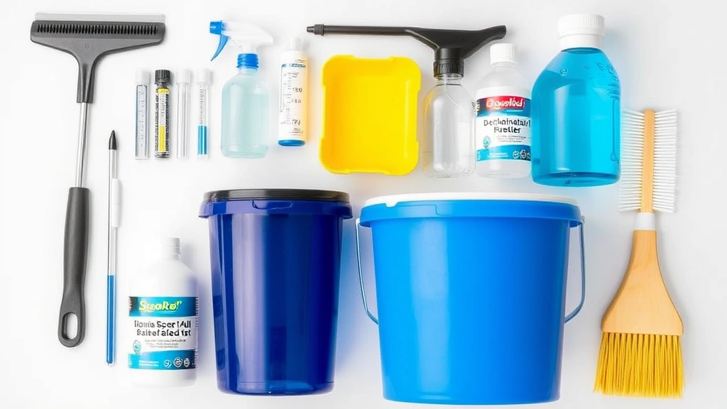 Complete aquarium cleaning supplies laid out including algae scraper, thermometer, water test kit, dechlorinator bottle, soft brushes, and dedicated aquarium buckets