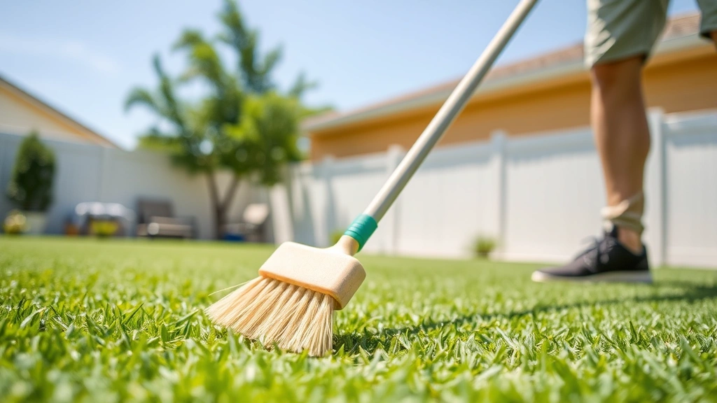 Person using soft-bristled brush on green artificial turf lawn, gentle sweeping motion, clear sunny day, residential backyard setting