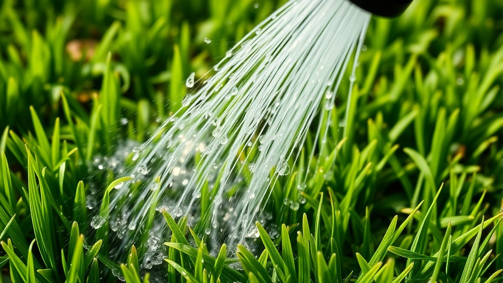 Close-up of artificial grass fibers being rinsed with garden hose spray, water droplets visible, medium pressure stream, outdoor daylight