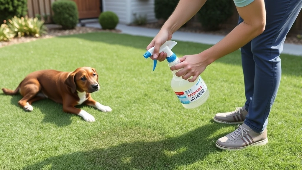 Homeowner applying enzyme-based cleaner solution to artificial grass area with spray bottle, pet area with visible staining, residential yard environment