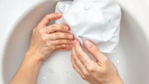 Close-up of hands gently washing a white baseball cap in a sink with soapy water, showing proper hand-washing technique with soft brush on sweatband area
