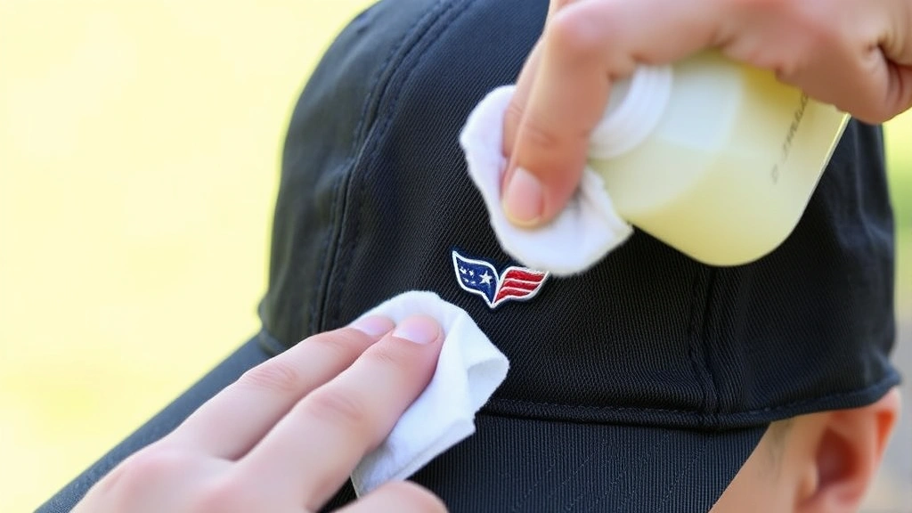 Person applying cleaning solution with soft cloth to sweat stain on baseball cap bill, showing spot-cleaning technique in natural daylight