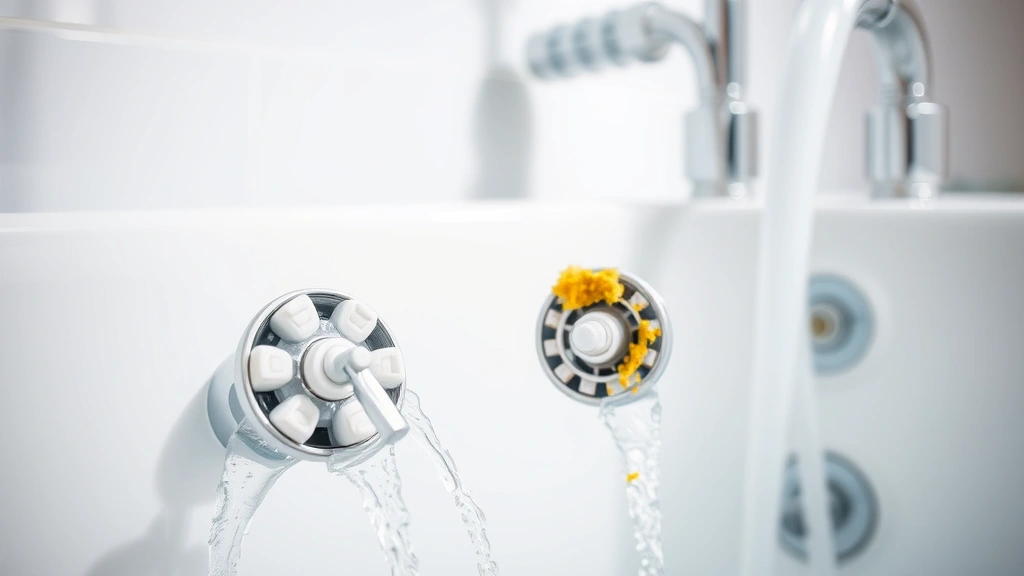 Close-up of bathtub jet nozzles with mineral deposits visible, showing white and yellowish buildup on chrome fixtures, modern bathroom setting with natural lighting