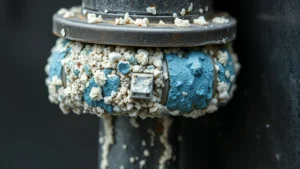 Close-up of battery terminal with white and blue crystalline acid corrosion deposits on metal post, showing different stages of buildup accumulation