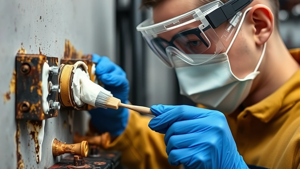 Technician wearing chemical-resistant gloves, safety goggles, and face shield applying white baking soda paste to corroded battery terminal with small brush