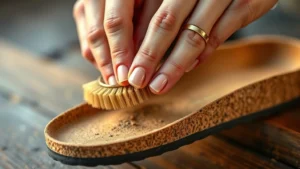 Close-up of hands gently brushing a cork Birkenstock footbed with soft bristles, warm lighting, showing dirt removal technique