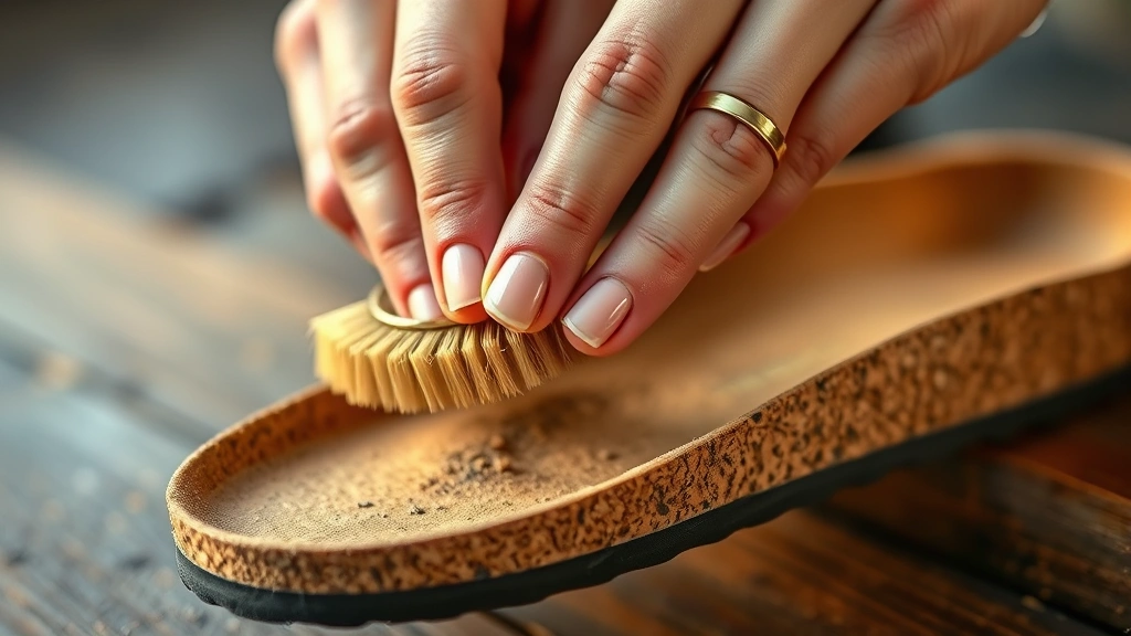 Close-up of hands gently brushing a cork Birkenstock footbed with soft bristles, warm lighting, showing dirt removal technique