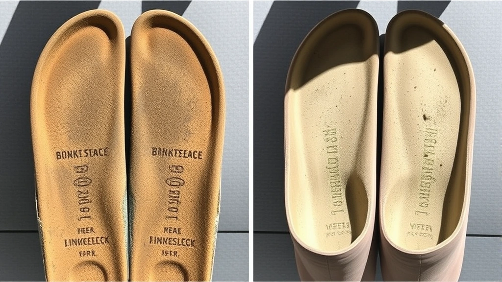 Side-by-side comparison of dirty versus clean Birkenstock footbed surfaces with visible improvement, natural daylight