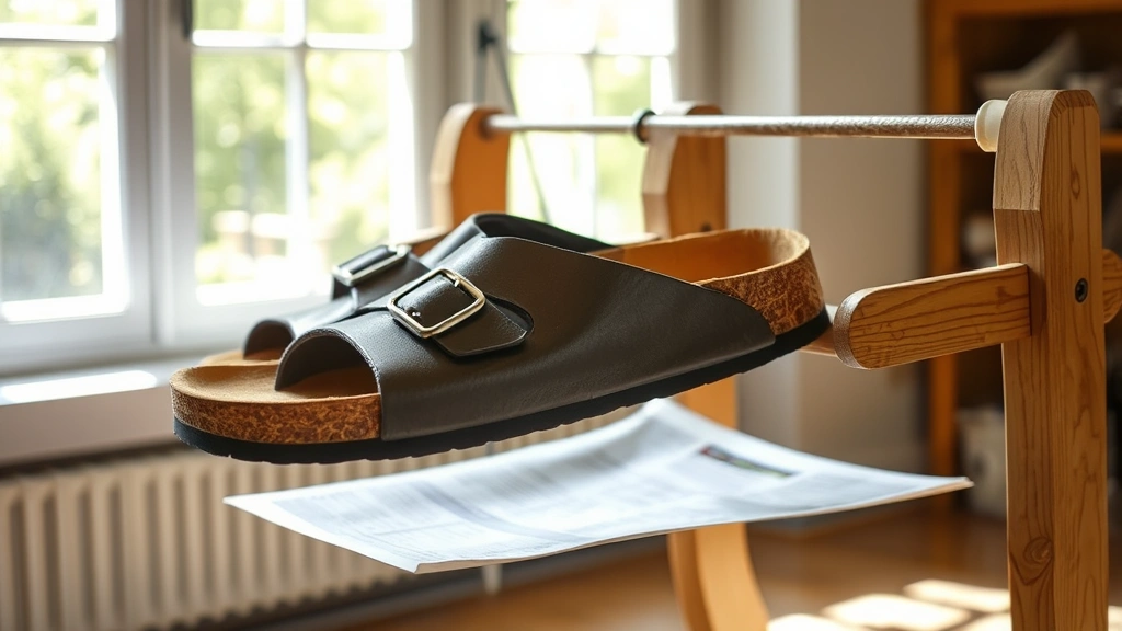 Birkenstock sandal air-drying on a wooden rack in a bright, ventilated room with newspaper inside, demonstrating proper drying technique