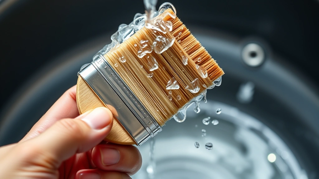 Close-up of a professional boar bristle paint brush being rinsed under warm running water, with clear water streaming over natural bristles, showing proper hand positioning for cleaning