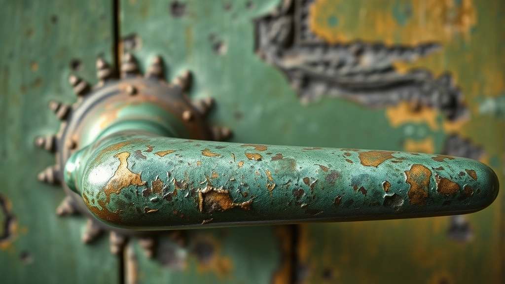 Close-up of weathered bronze door handle showing green patina buildup and oxidation on surface, professional lighting highlighting texture and corrosion details