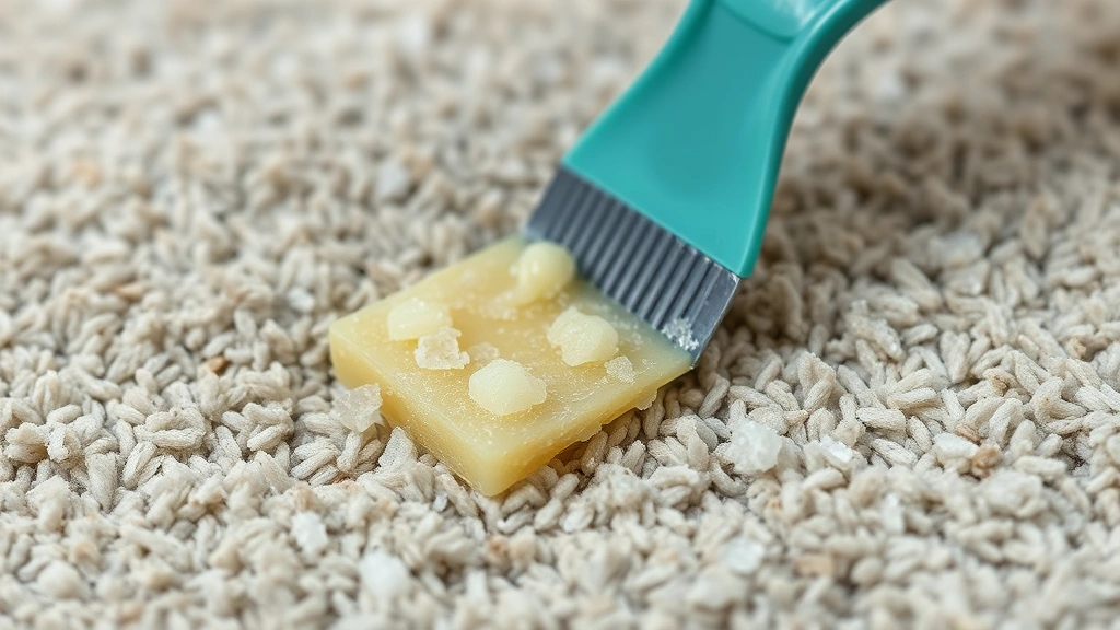 Close-up of frozen candle wax on carpet being scraped with plastic tool, crystallized wax particles visible, professional cleaning in progress